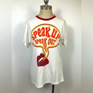 ATTIC SALT Women's White/Red Ringer Graphic Tee "SPEAK UP SPEAK OUT", sz MD